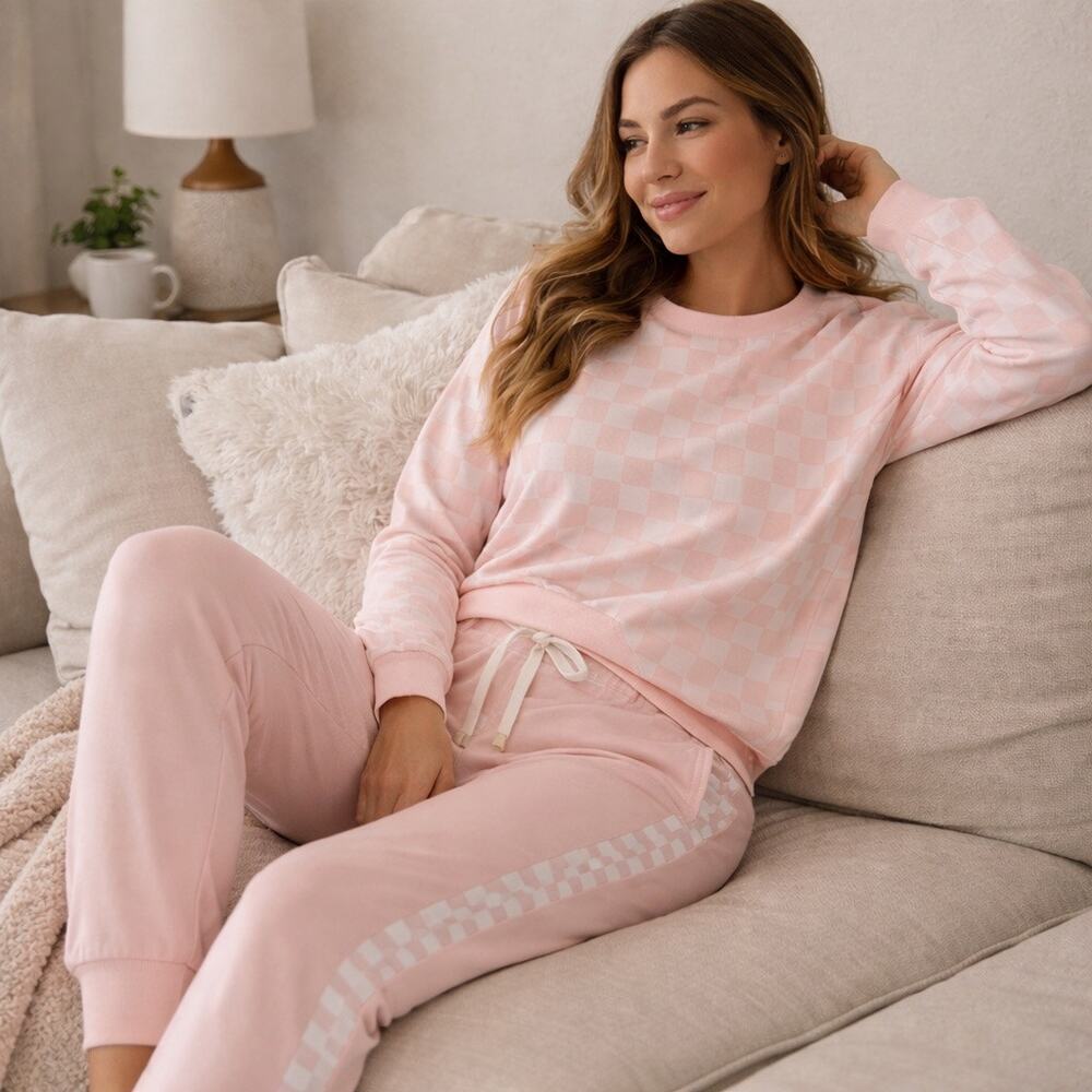 NEW Honeydew Pink Checker Lounge Cozy Soft Nordstrom Loungewear Matching‎ Set XS